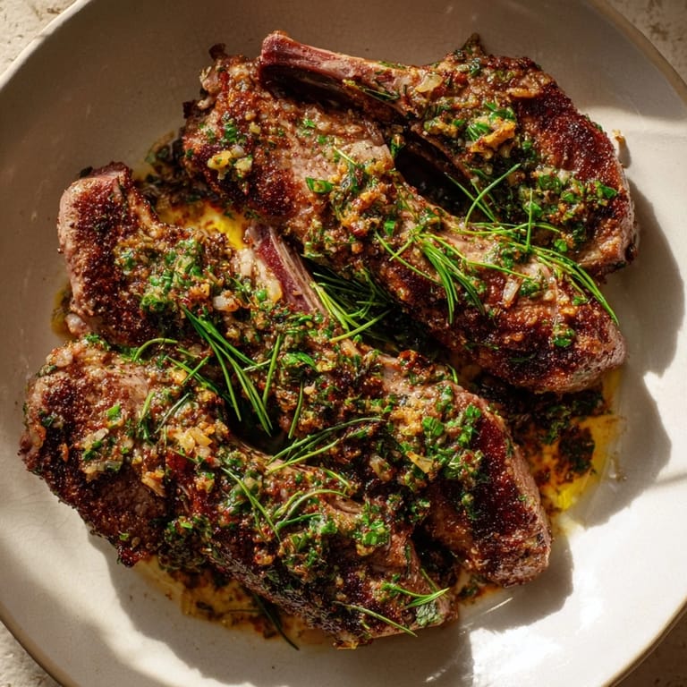 Savory Rustic Mint Weeknight Pan-Seared Lamb Chops, beautifully plated with colorful mint sauce, a delicious Mediterranean meal.