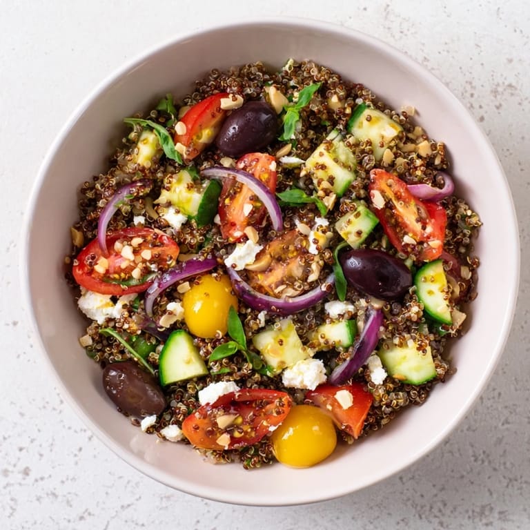 Freshly assembled Mediterranean Grain Bowl, perfect for a light lunch, drizzled with lemon dressing.