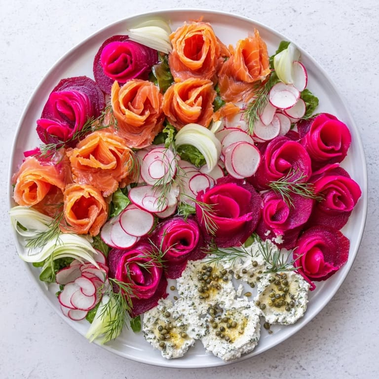 A colorful Winter Harvest Smoked Salmon Board showcases smoked salmon alongside roasted beets and creamy cheeses.