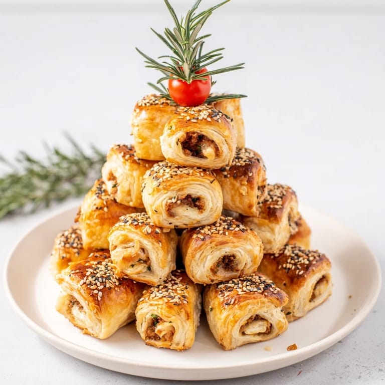 Appetizing arrangement: Crispy mini sausage roll Christmas tree, ready for dipping and festive feasting, beautifully baked.