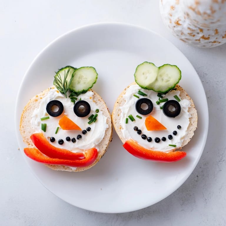 Delicious Snowman Mini Bagel Sandwiches: a fun lunch with colorful veggie scarves and cheerful faces.