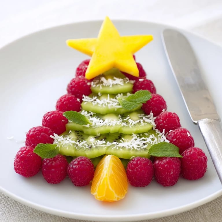 A vibrant Christmas tree fruit plate: ripe kiwi and juicy red raspberries on a platter.