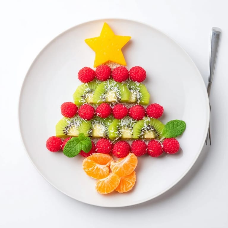 Vivid image of a Kiwi and Raspberry Christmas Tree Fruit Plate, perfect for a festive snack.