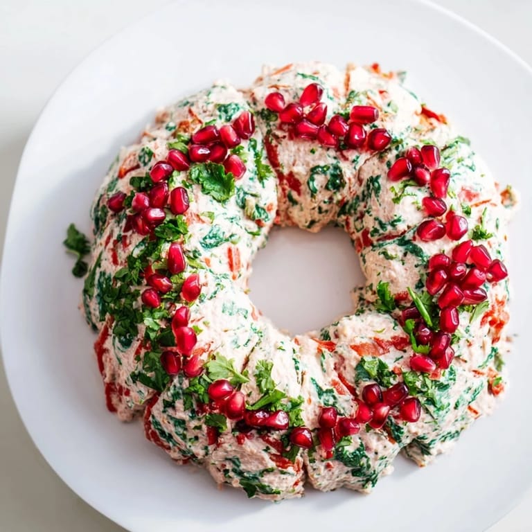 Festive holiday appetizer: a vibrant red pepper and spinach dip wreath adorned with garnishes.