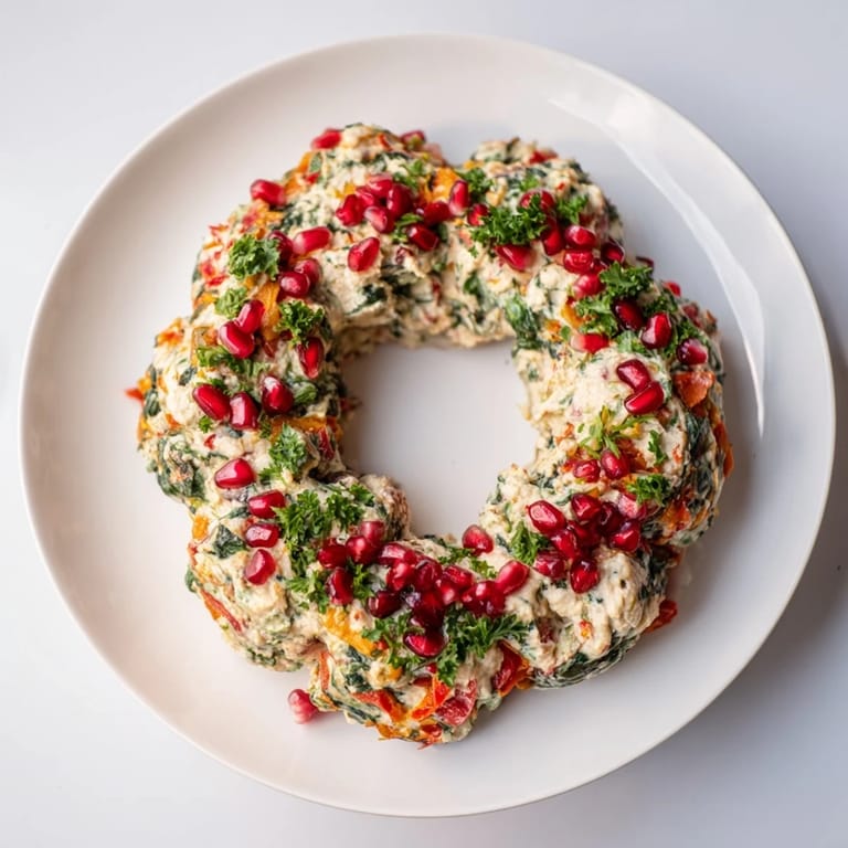 Freshly made red pepper and spinach dip wreath, a beautiful and flavorful centerpiece for a party.