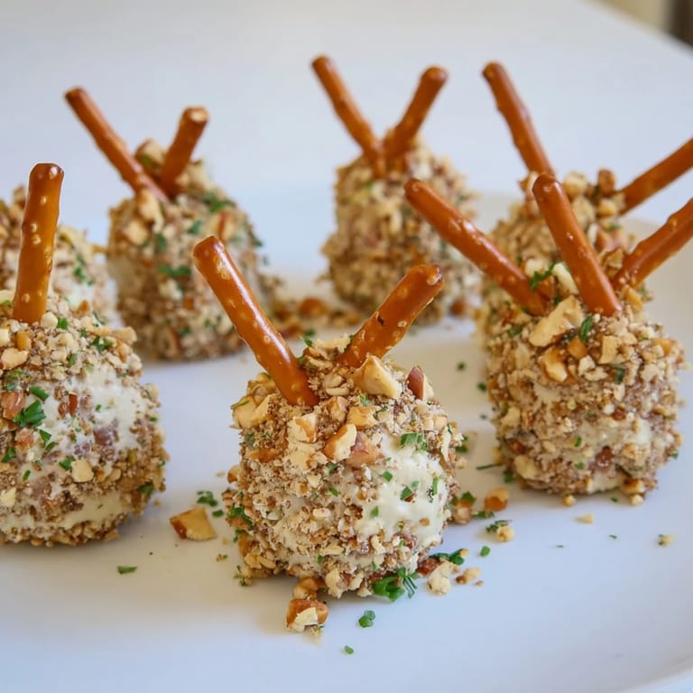 Vibrant photo of delicious Champagne Cork Cheese Balls with pretzel "corks" resting on a platter.