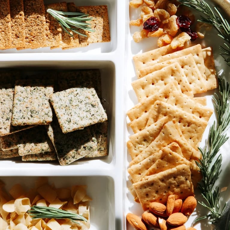 A beautiful close-up of a variety of Holiday Crackers, offering a delicious crunchy texture and savory taste.