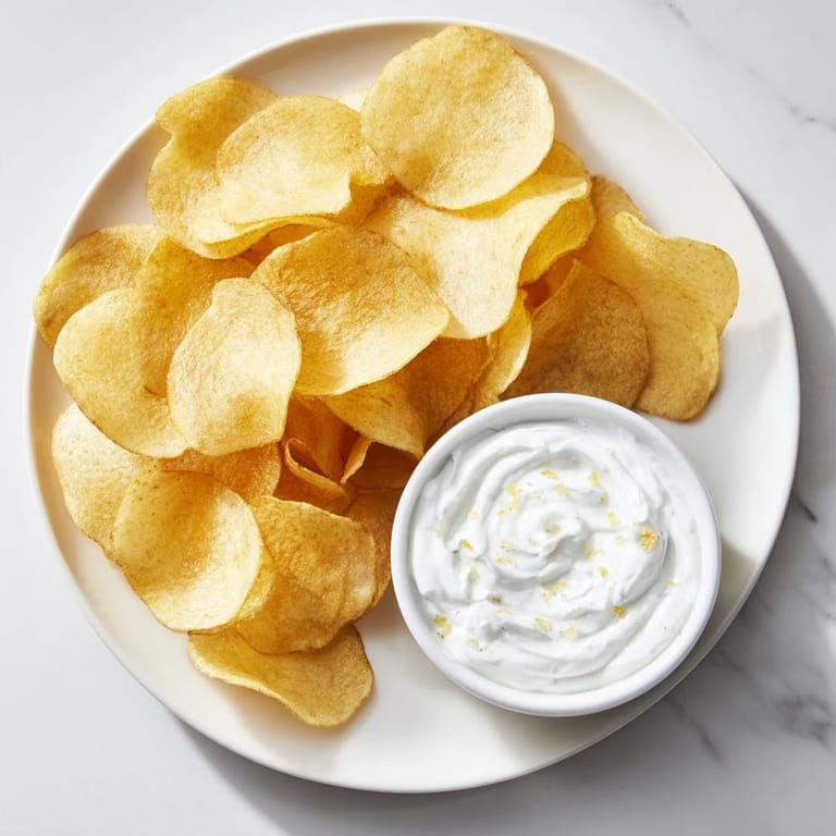 Enjoy a photo of crisp potato chips, ready to dip in the savory homemade onion dip.