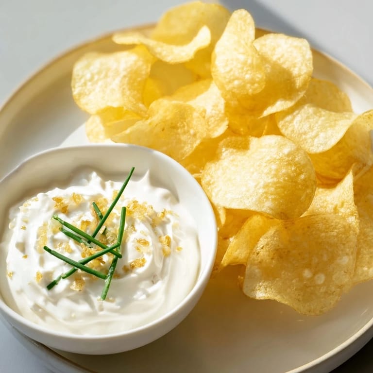 A delicious spread of fresh, crunchy potato chips alongside a vibrant, flavorful onion dip.