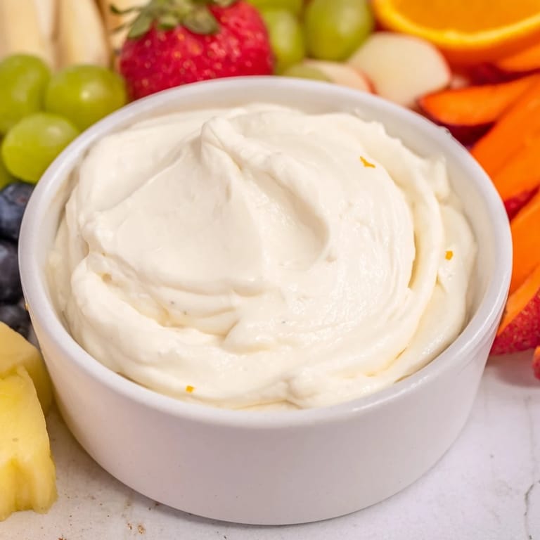 A view of a beautiful bowl of cream cheese fruit dip with fresh, enticing fruit on display.