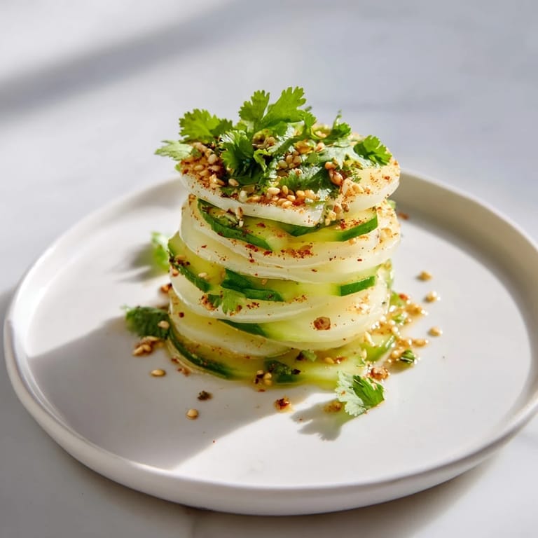 Brightly plated jicama and cucumber slice stack, garnished with cilantro and sesame seeds, ready to serve.