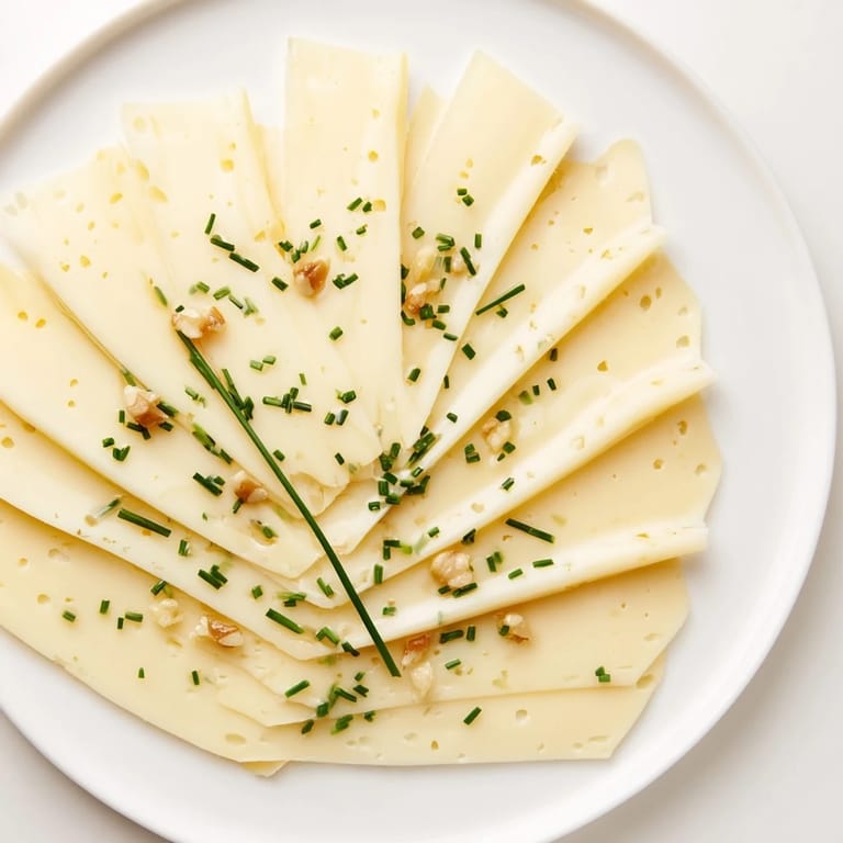 A close-up view shows the layered Swiss cheese fan, drizzled with honey for a sweet and savory bite.