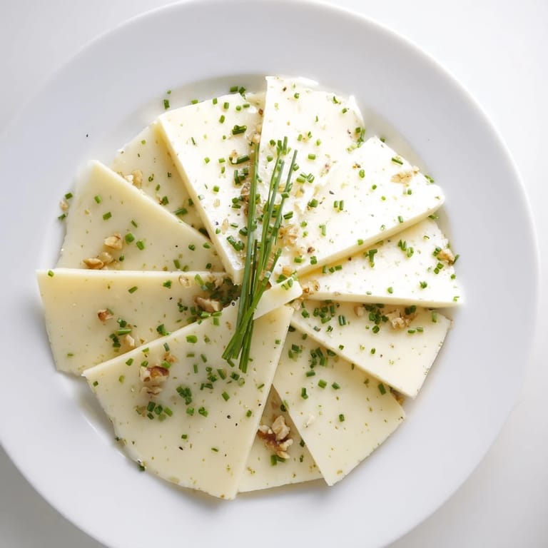 Fresh chives and optional walnuts sprinkle over a fan of delicious Swiss cheese slices for snacking.