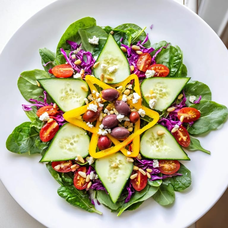 Freshly prepared Star of David Salad Platter, featuring feta cheese and Kalamata olives for delicious flavor.