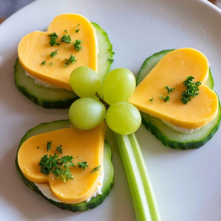 A colorful Lucky Four-Leaf Clover Snack made with cheddar cheese and cucumber, ready to serve as a vegetarian treat.