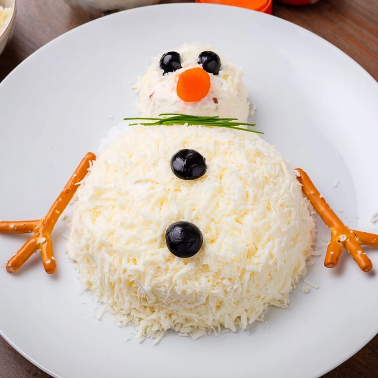 Festive Melted Snowman Cheese Bites appetizer on a platter, ready to be enjoyed with crackers for dipping.