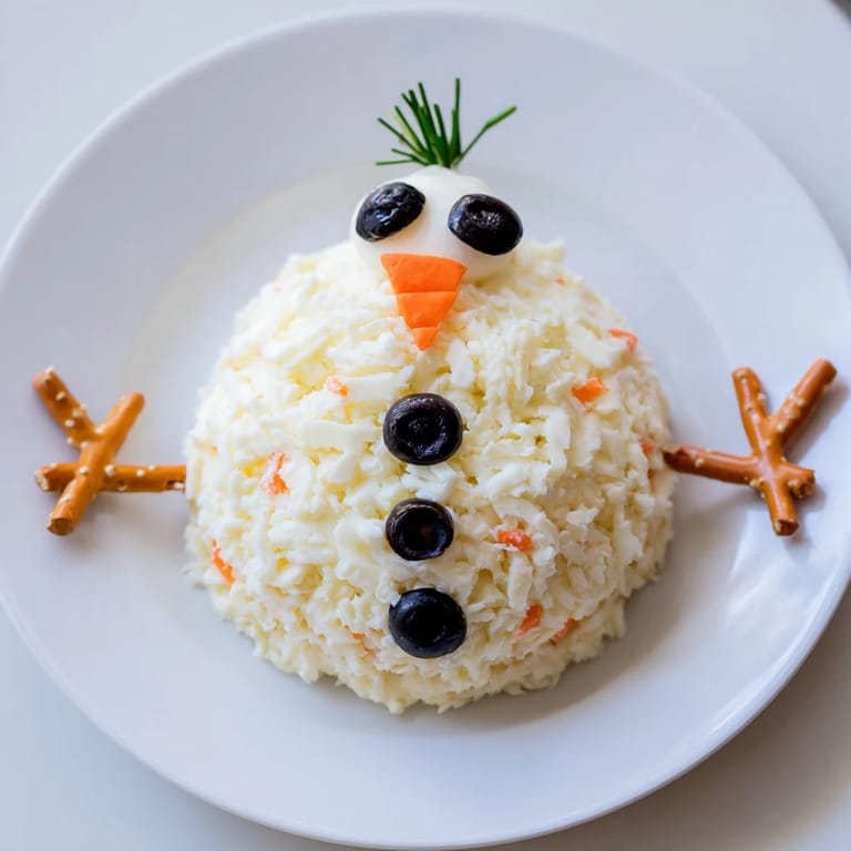 Close-up of delectable Melted Snowman Cheese Bites, featuring carrot noses and smiling olive faces, ready to eat.