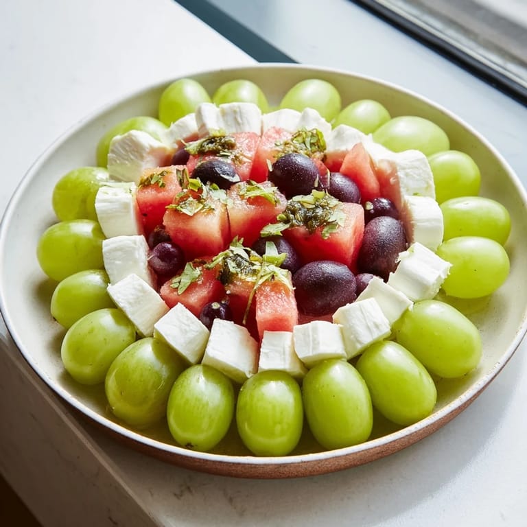 Refreshing Summer Watermelon Slice: A vibrant platter of watermelon, cheese, and berries, perfect for a summer snack.