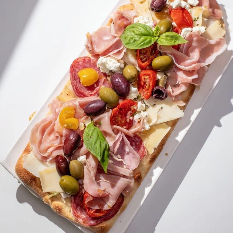 Shareable Rustic Raft flatbread appetizer, featuring layers of Italian meats, cheeses, and fresh accompaniments.