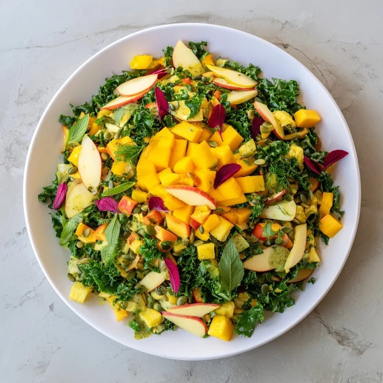 Vivid image of The Sunlit Glade salad: a colorful mix of fruit and leafy greens.