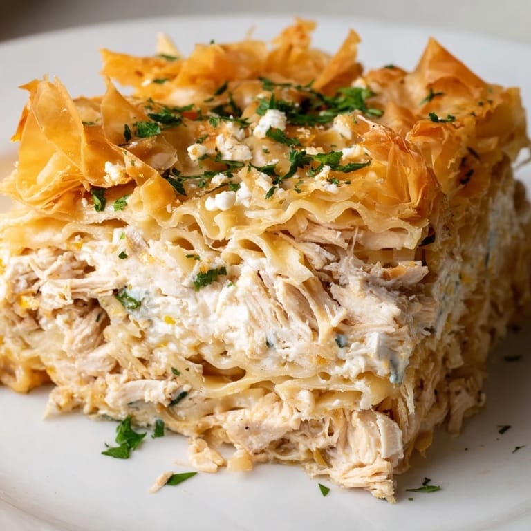 Flaky layers and a hearty filling in this homemade Chicken and Pasta Crinkle Cake dish.