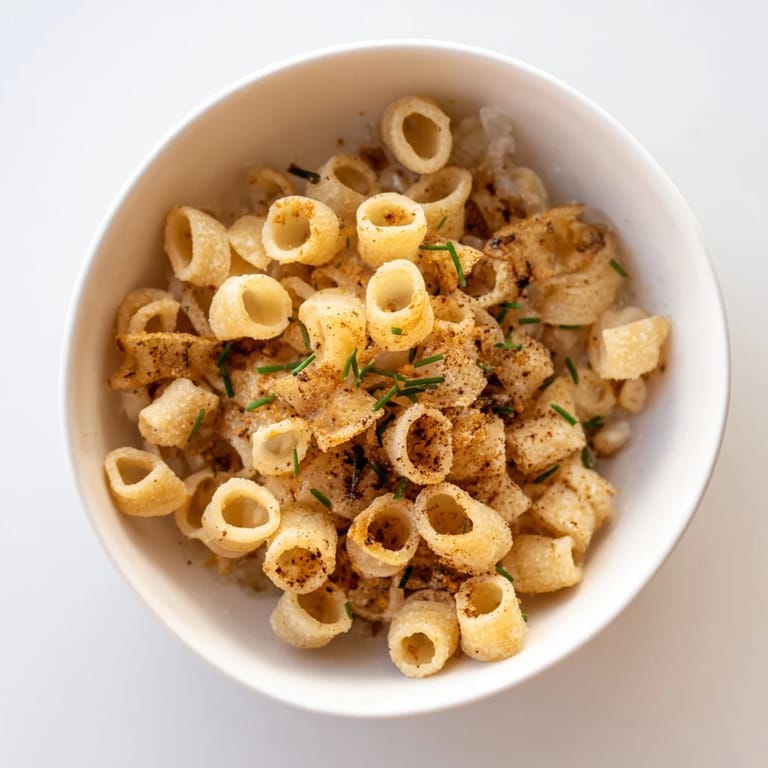 Savor the savory aroma of Pasta Chip Cereal, a fun appetizer featuring umami parmesan broth.