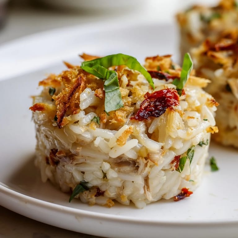 Delectable serving of Marry Me Chicken Sushi Bake Cups, featuring baked orzo and shredded chicken, garnished with fresh basil.
