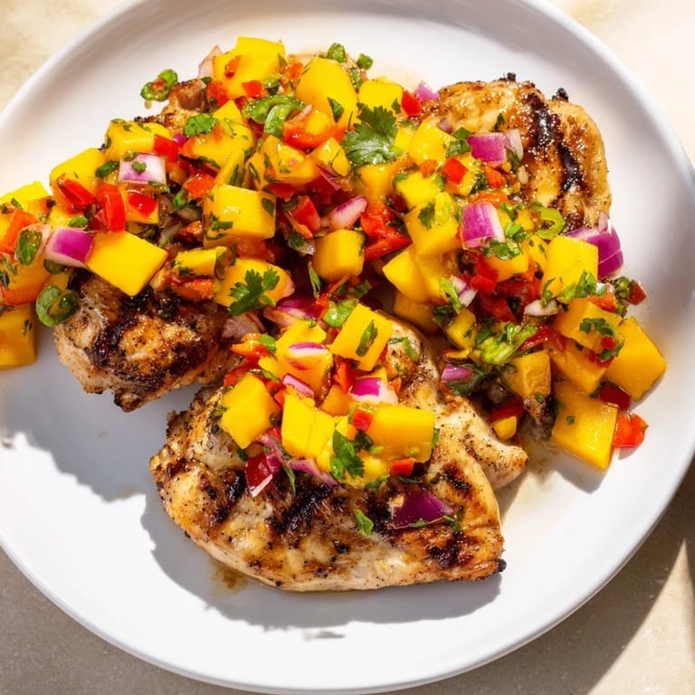 Close-up of freshly grilled Mango Salsa Chicken, a flavorful tropical main dish on a plate.