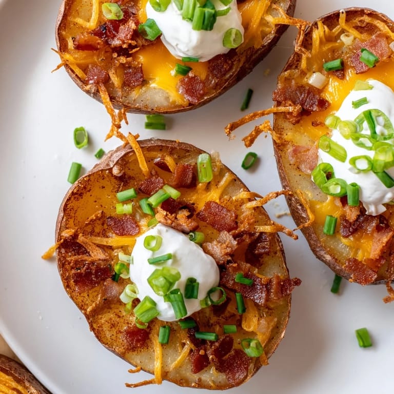 Sizzling Loaded Baked Potato Skins topped with cool sour cream—a delicious appetizer for game day.