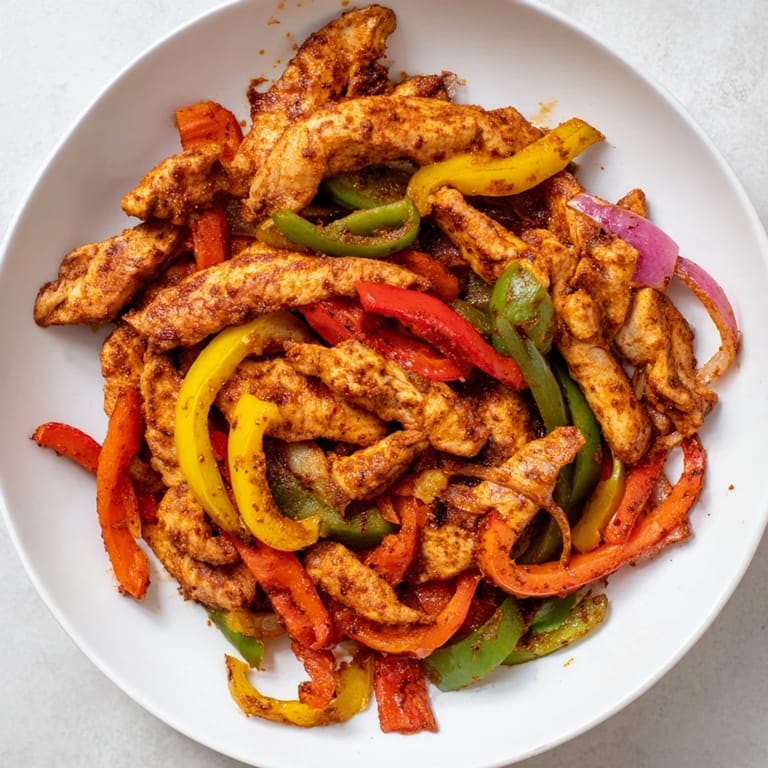 Golden-brown Sheet-Pan Chicken Fajitas, a delicious medley of chicken, peppers, and onions, perfect for a quick dinner.