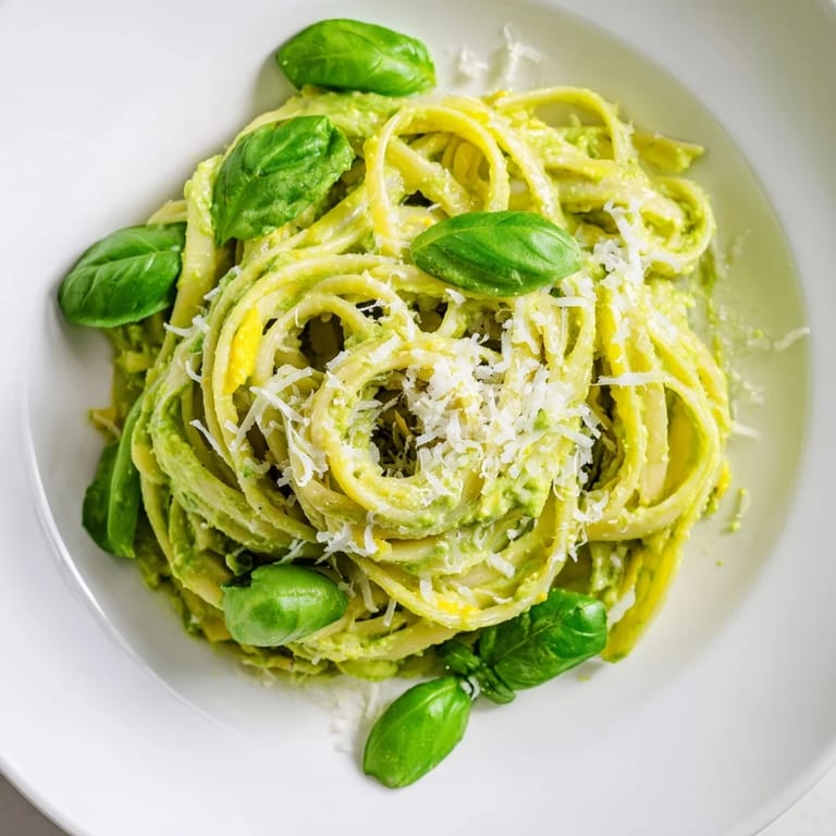 Freshly made creamy avocado pasta, a vegetarian delight, ready for a satisfying Italian meal.