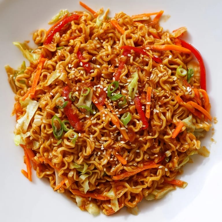 Freshly made Spicy Ramen Stir Fry, garnished with sesame seeds, ready to savor and enjoy.