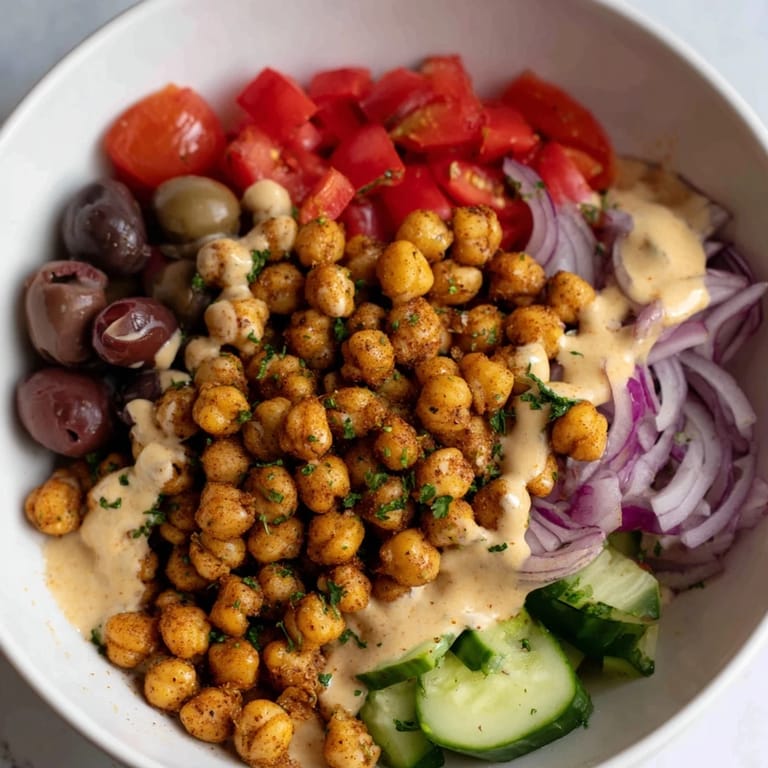 Enjoy a satisfying Mediterranean Chickpea Bowl, featuring tasty roasted chickpeas, with a tahini dressing.