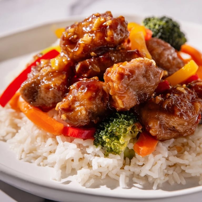 A perfect photo of homemade teriyaki chicken and rice, packed with savory flavors and fresh toppings.