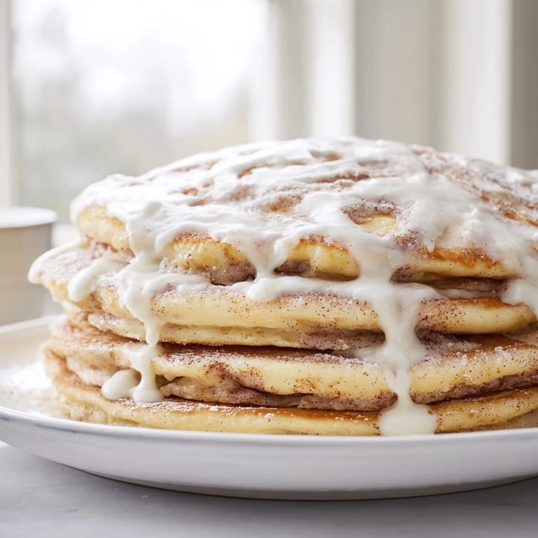 Fluffy, homemade Cinnamon Roll Pancakes featuring cinnamon swirls and a rich cream cheese frosting, ready to eat.