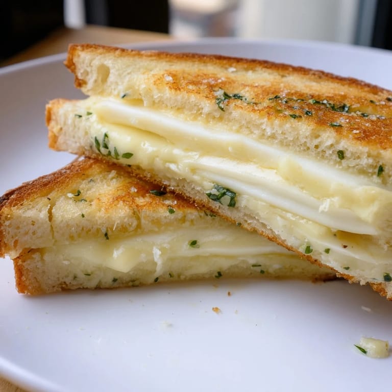 Crispy garlic butter mayo grilled cheese, stacked cheddar and mozzarella, ready to be sliced, a vegetarian comfort meal.