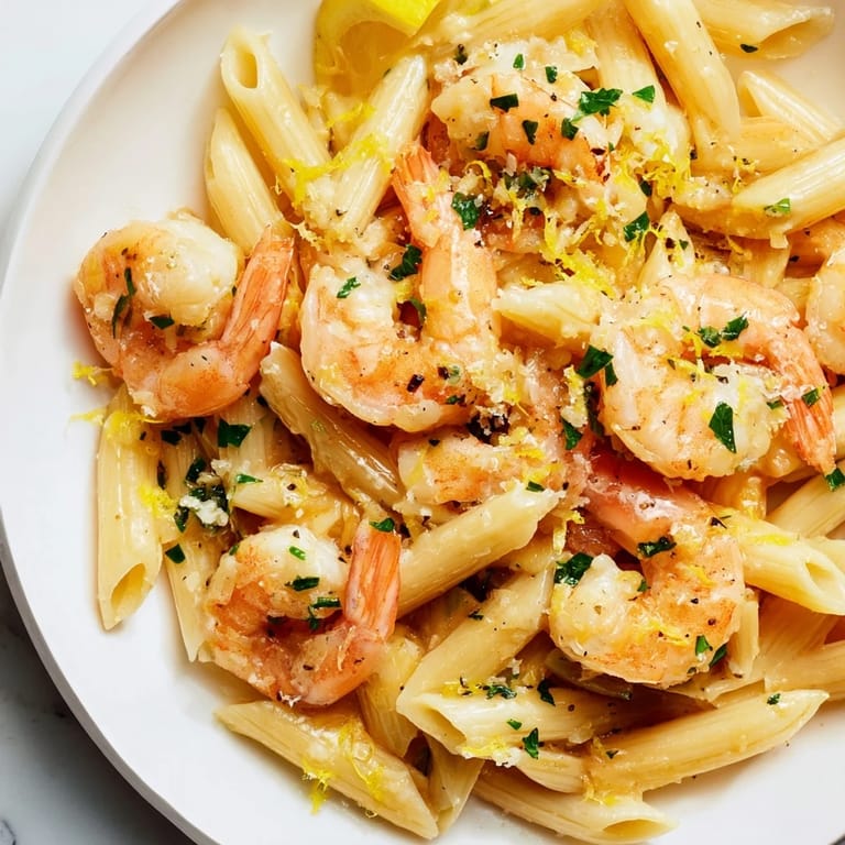 Close-up of perfectly cooked garlic shrimp penne, garnished with fresh parsley and Parmesan cheese.