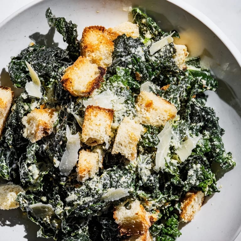 Close-up of a vibrant Kale Caesar Salad: fresh kale, topped with golden croutons and shaved cheese.