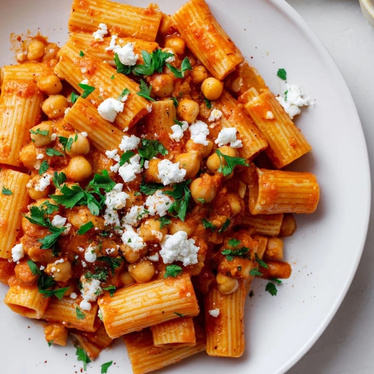 Close-up of Harissa Chickpea Pasta showcasing the rich tomato sauce and perfectly cooked chickpeas.