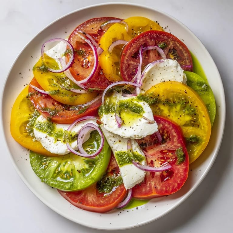 Fresh Summer Tomato Salad glistens, showcasing colorful tomatoes, mozzarella, and aromatic basil oil.