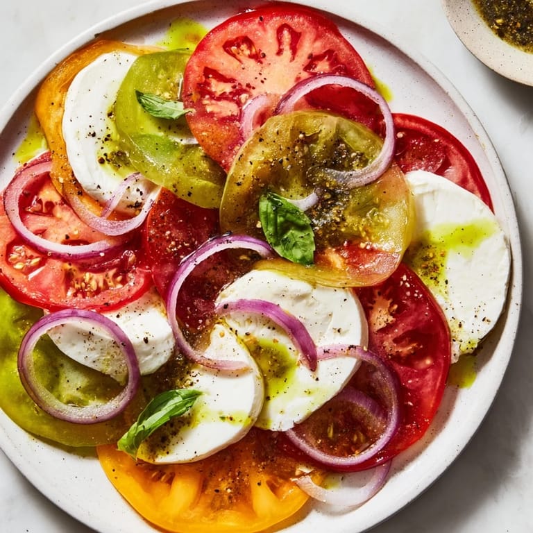 A close-up of a refreshing Summer Tomato Salad ready to serve, featuring basil for delicious flavor.
