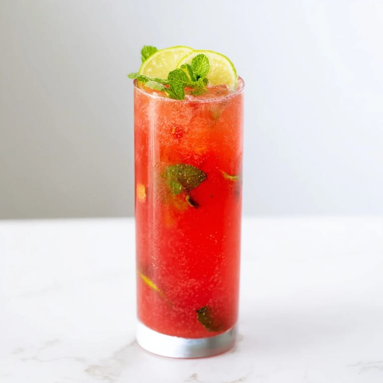 Refreshing DIY fruit refresher drinks, showcasing vibrant blended fruit with sparkling water and fresh mint.