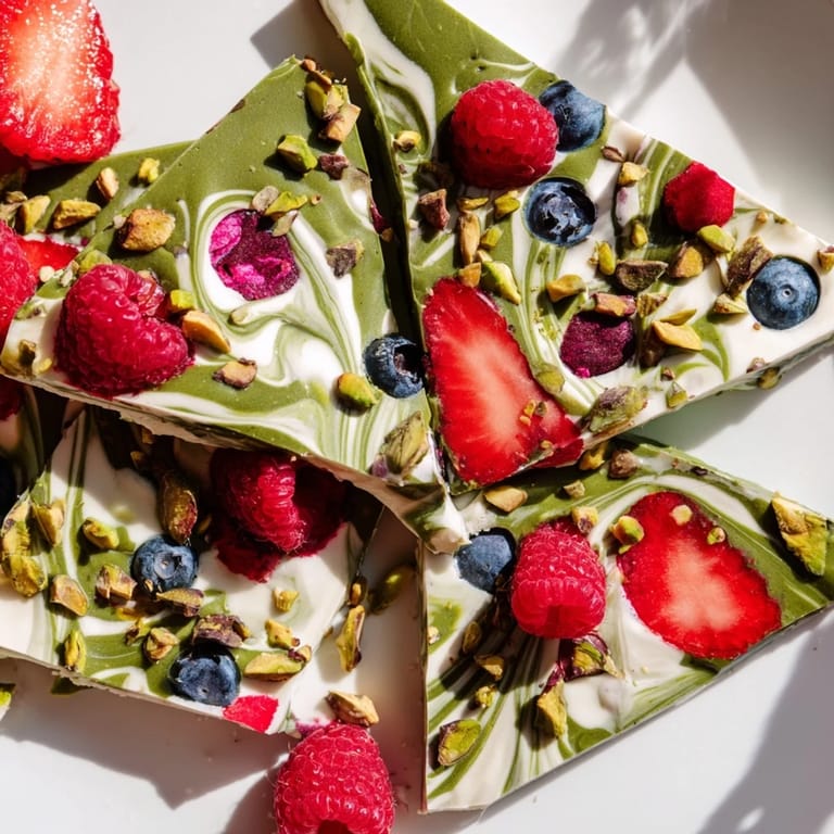 Vibrant frozen yogurt bark combining sweet yogurt, swirls of color, and crunchy pistachios, perfect for summer.