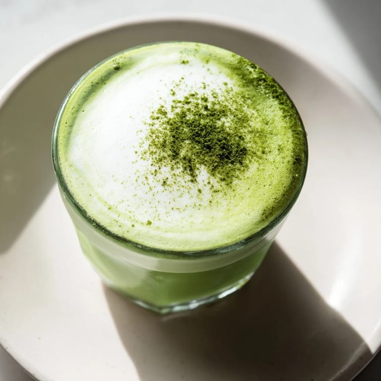 This beautiful matcha latte features a cloud of cold foam, perfect for a refreshing afternoon beverage.