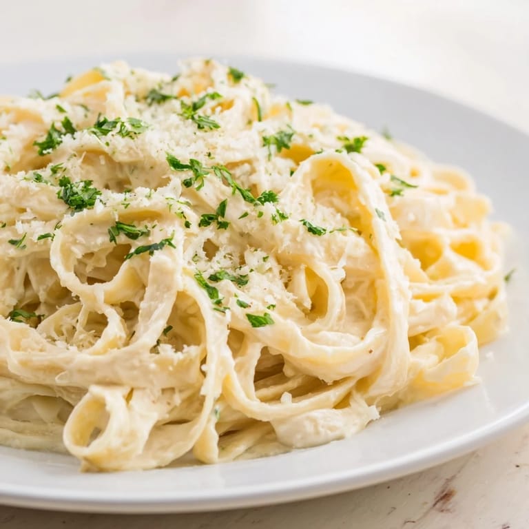 A luscious bowl of Cottage Cheese Alfredo Sauce, perfect for a lighter protein-packed pasta dinner.