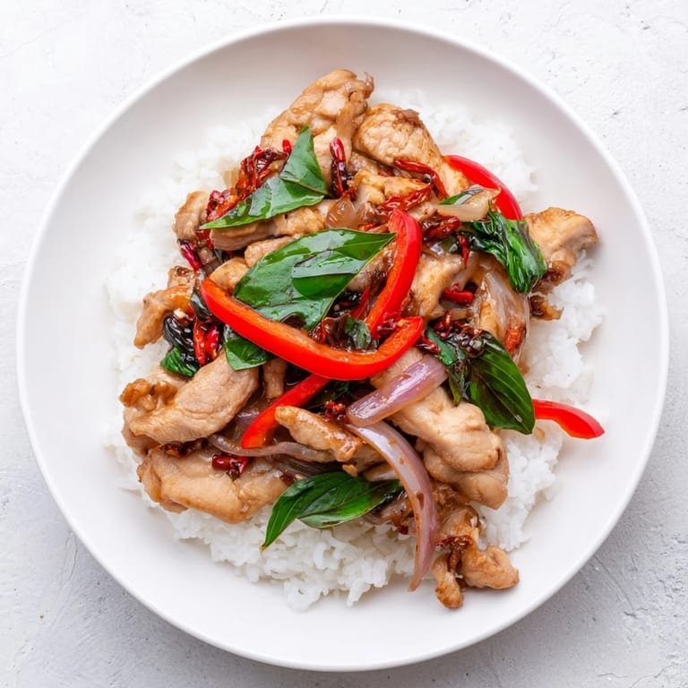 Vibrant photo of Thai Basil Chicken Bowls, showcasing tender chicken with spicy basil and rice.