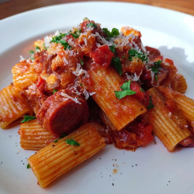 Delicious Spanish chorizo pasta, served piping hot with vibrant bell peppers and a smoky aroma.