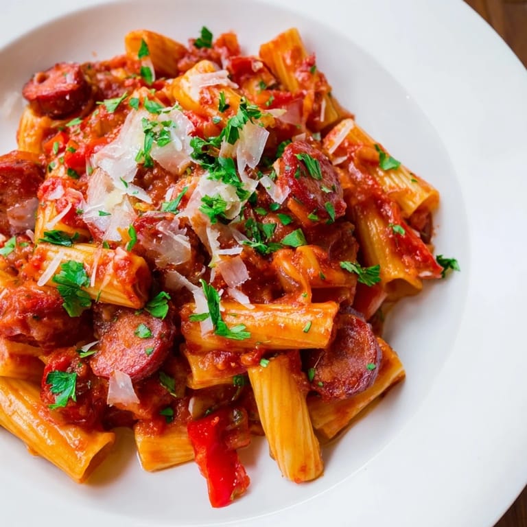 A flavorful skillet showcases the finished Spanish chorizo pasta, ready to serve with grated cheese.