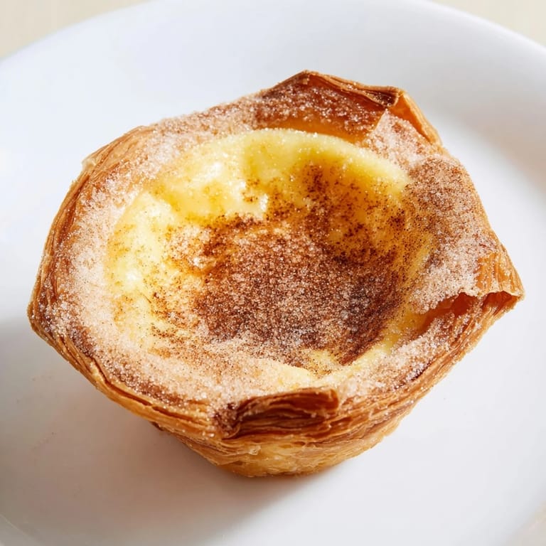 A close-up view of perfectly browned Portuguese Egg Tarts, dusted with powdered sugar and cinnamon, delicious.