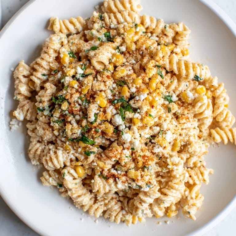 Beautifully plated Mexican Street Corn Pasta, with lime wedges and cilantro offering fresh flavors.